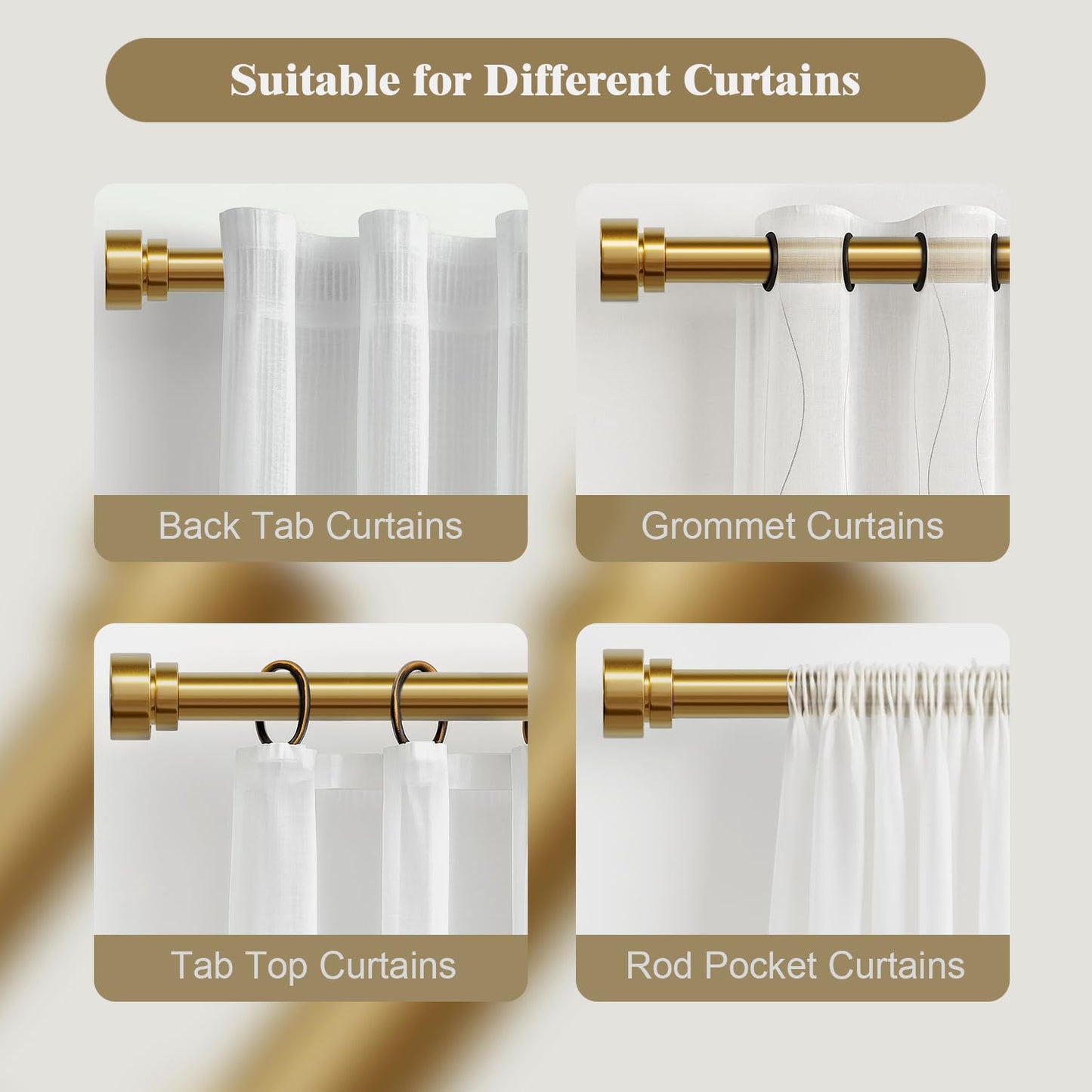 Oneach Heavy Duty Curtain Rods for Windows 72 to 144 Inch, 1 Inch Brass Gold Curtain Rod, Adjustable Length Rod with Metal Finials, Modern Decorative for Bedroom Kitchen Living Room