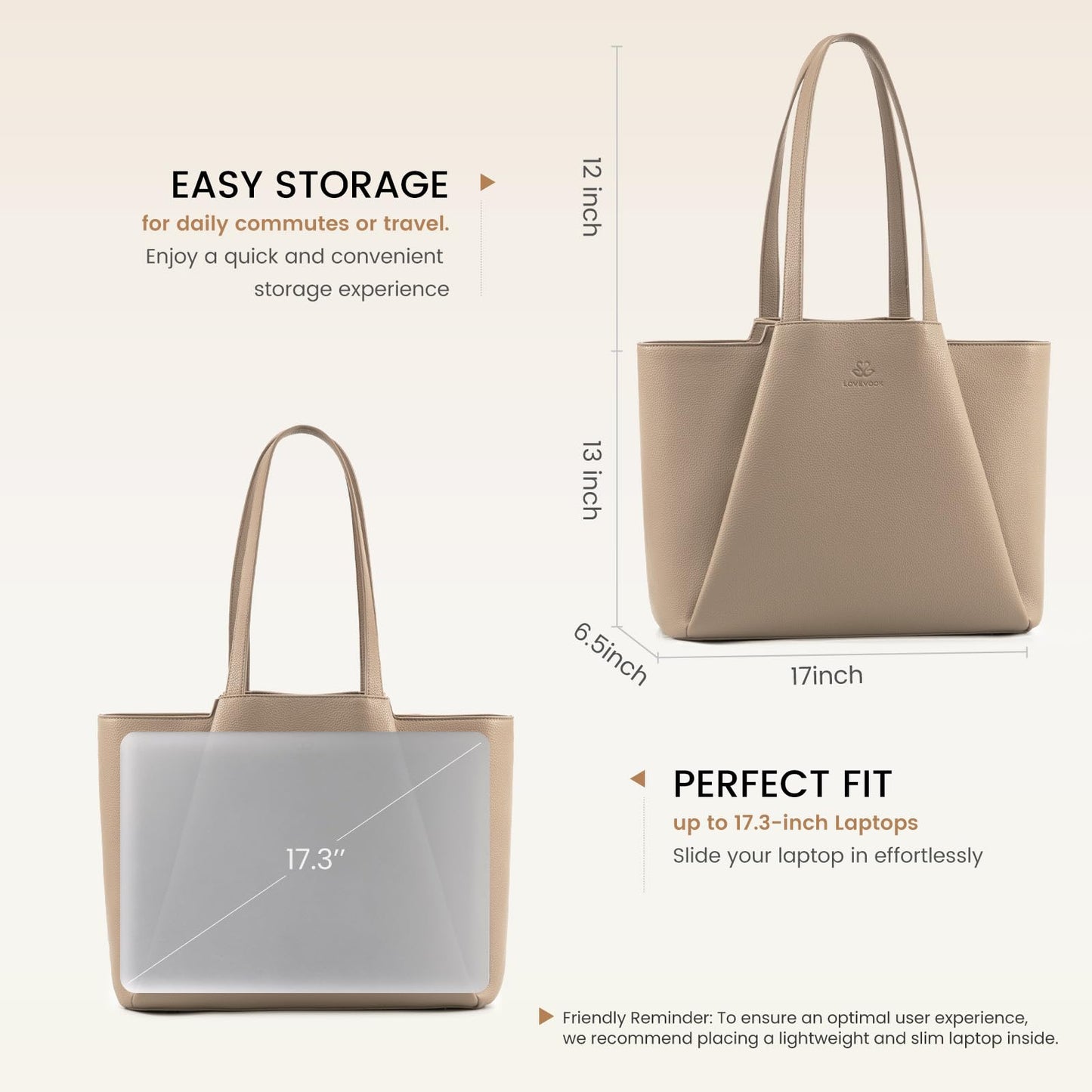 LOVEVOOK Laptop Tote Bag for Women 17 Inch Work Bag Leather Laptop Bag with Clutch, Large Capacity Office Purse Computer Briefcase Shoulder Bag for Casual Business Travel, Sandy