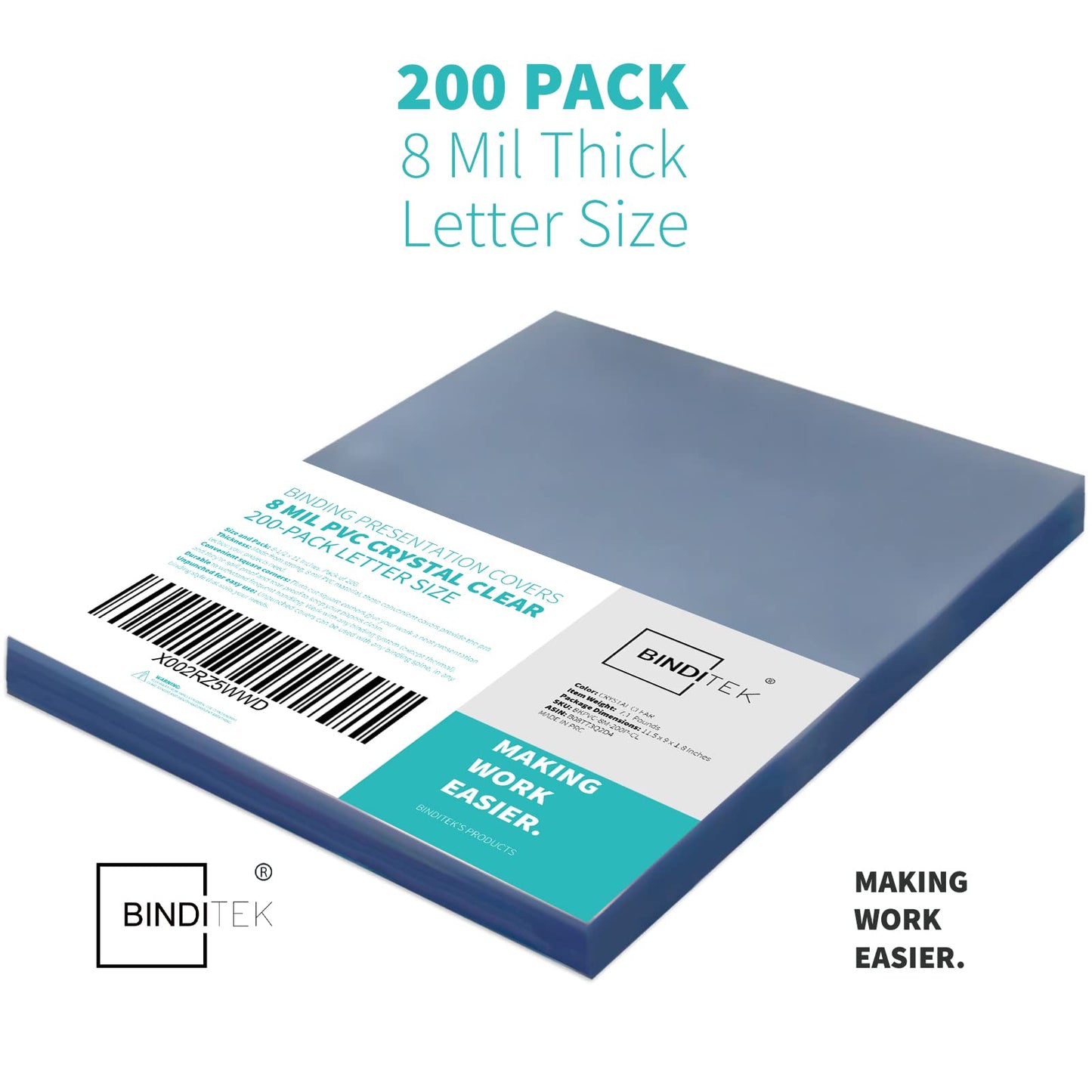 Binditek 200 Pack 8 Mil PVC Clear Binding Covers, 8.5 x 11 Inches, Letter Size, Square Corners, Un-Punched, Office Supplies