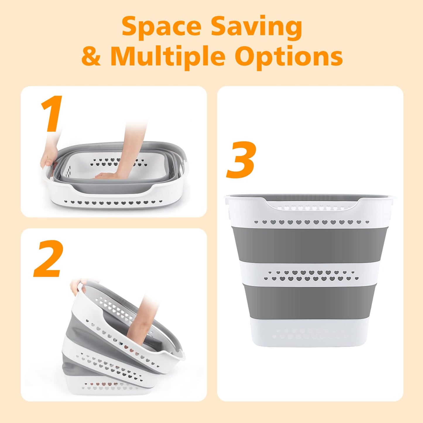 2 Pcs 42L Medium Collapsible Plastic Laundry Basket with Handles, Foldable Laundry Basket Hamper, Pop Up Storage Container Organizer for Washing Storage (Gery, 17 Inch * 13 Inch * 15 Inch)
