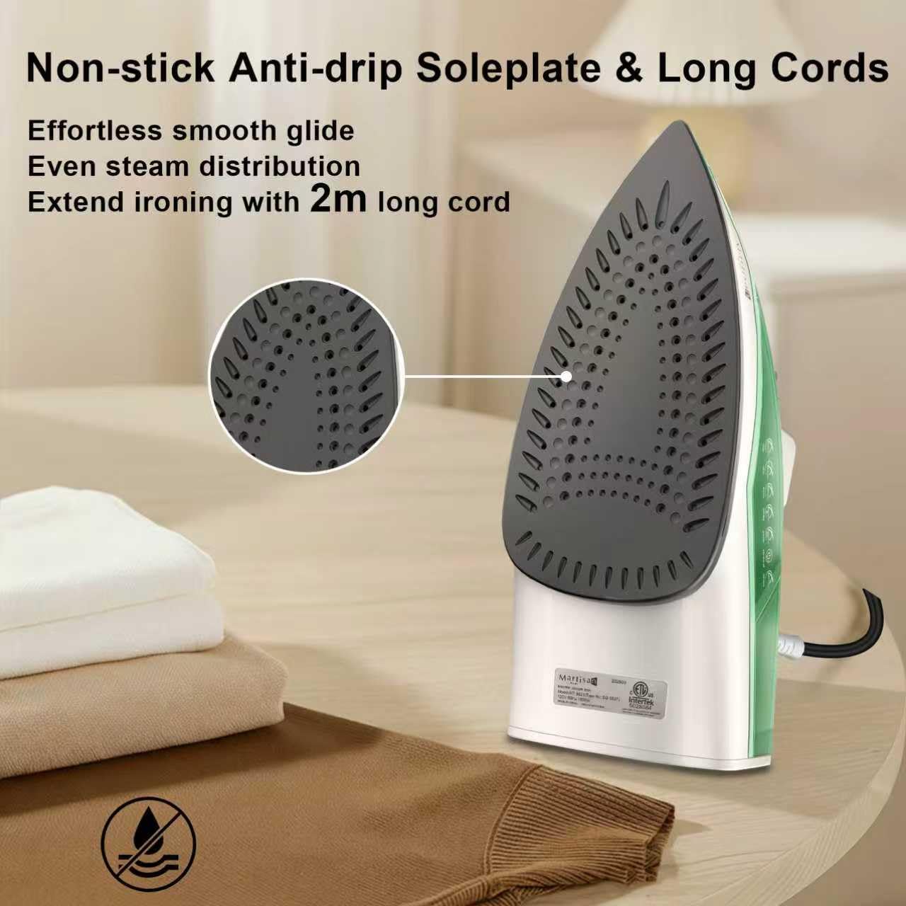 Martisan Steam Iron Lite, 1600W, 15s Fast Heat-up, Dual Layer Soleplates for Heat Reserve, Precise Adjustable Temp, Non-stick Ceramic Panel, Anto-off, Anti-drip, Anti-calc, Green