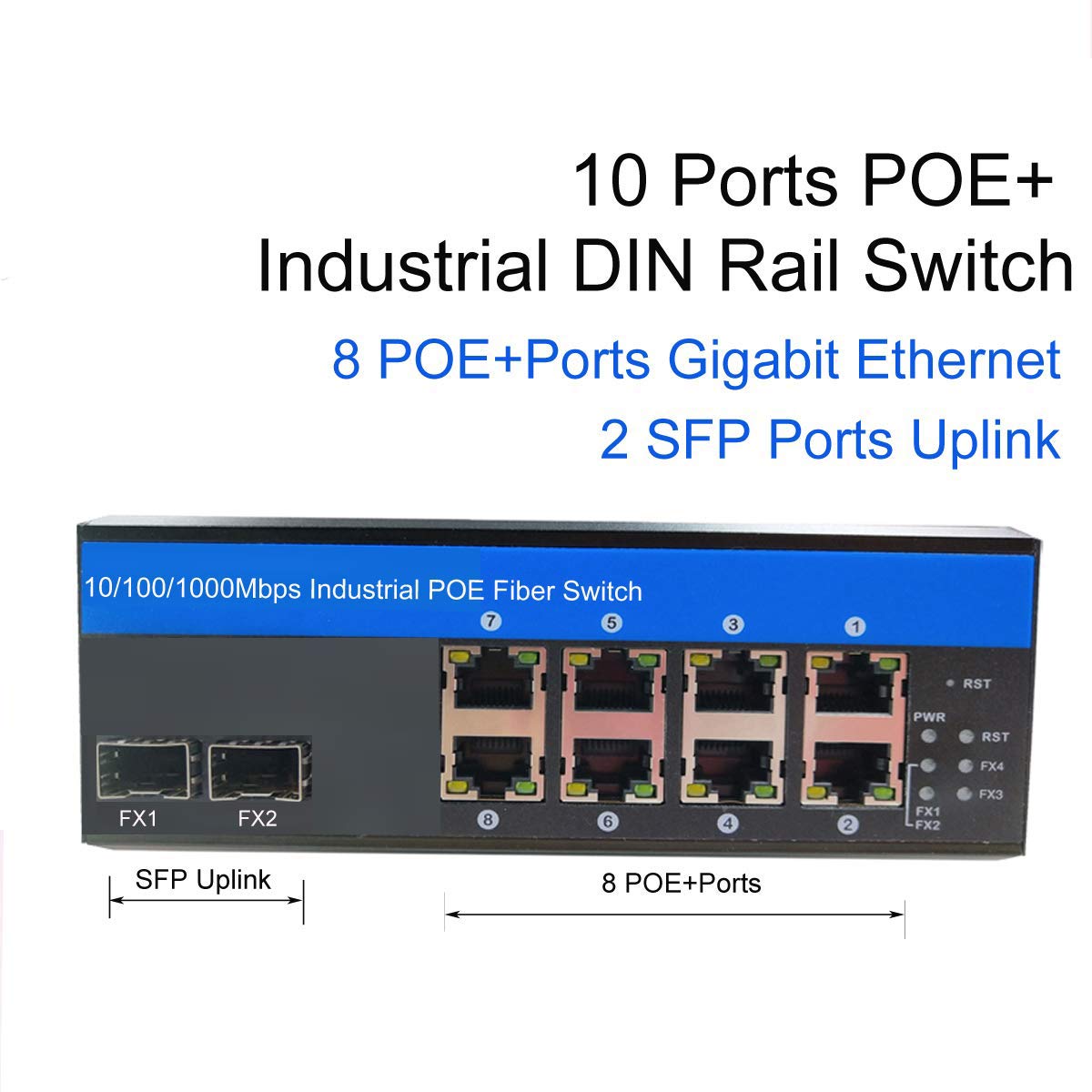 OLYCOM Industrial Switch 8Port Gigabit Ethernet with POE 240W Total 2Port SFP Din Rail Mounted IP40 for Outdoor Use