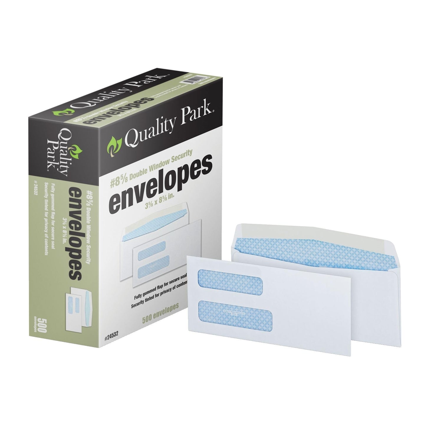 Quality Park® #8-5/8 Double Window Envelopes, Security Tint Envelopes, 3-5/8 x 8-5/8, Gummed, 24 lb White Paper, Side Seams, 500 per Box (QUA24532)