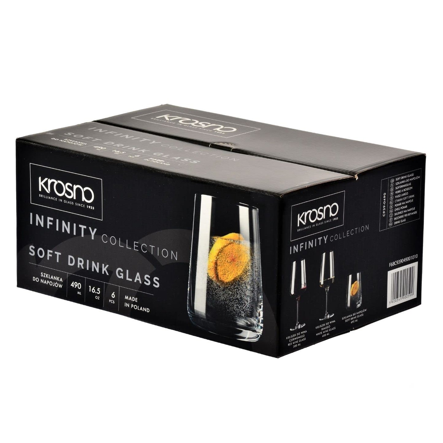 Krosno Water Glasses, Set of 6, 16.6 fl oz, Water Drinks Juice, Infinity Collection, Lead-Free Lightweight Glass, Everyday Drinking Glass, Dishwasher Safe, Made in Europe