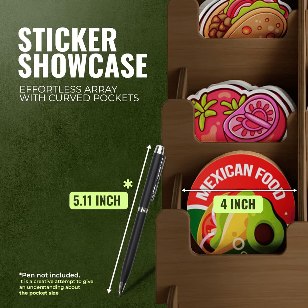 HOTCAN Sticker Display Stand with Curved Pockets for Big 4'' Stickers | Brochure Holder with Customizable Space | Display Stands for Vendor Events | Ideal for Small Business Vendors (Brown, Large)