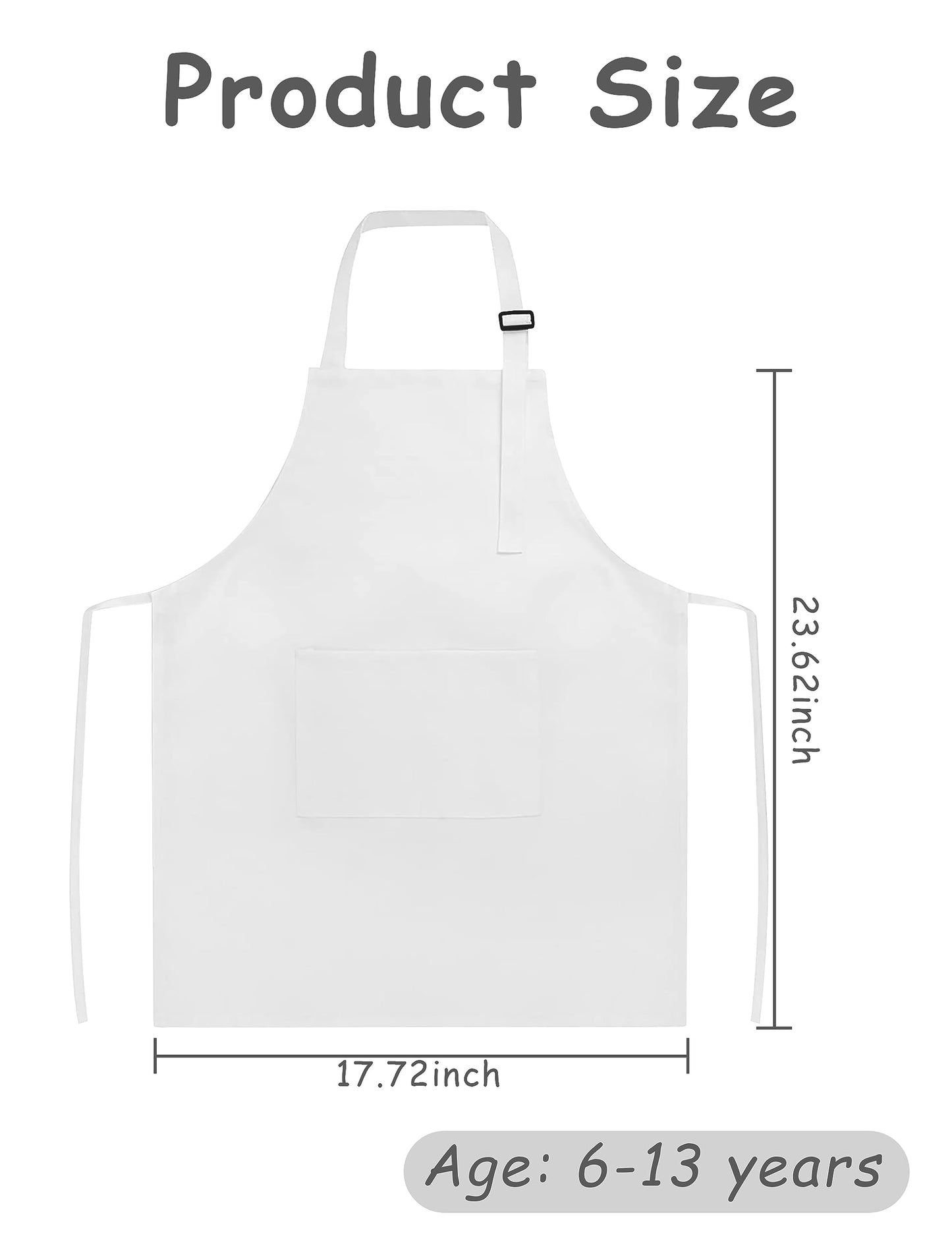 IAGBIBUI Kids Apron and Chef Hat Set, 24 Pieces Boys Girls Kids Apron with 2 Pockets Adjustable for Cooking Classroom Baking Painting, 6-13 Years, White