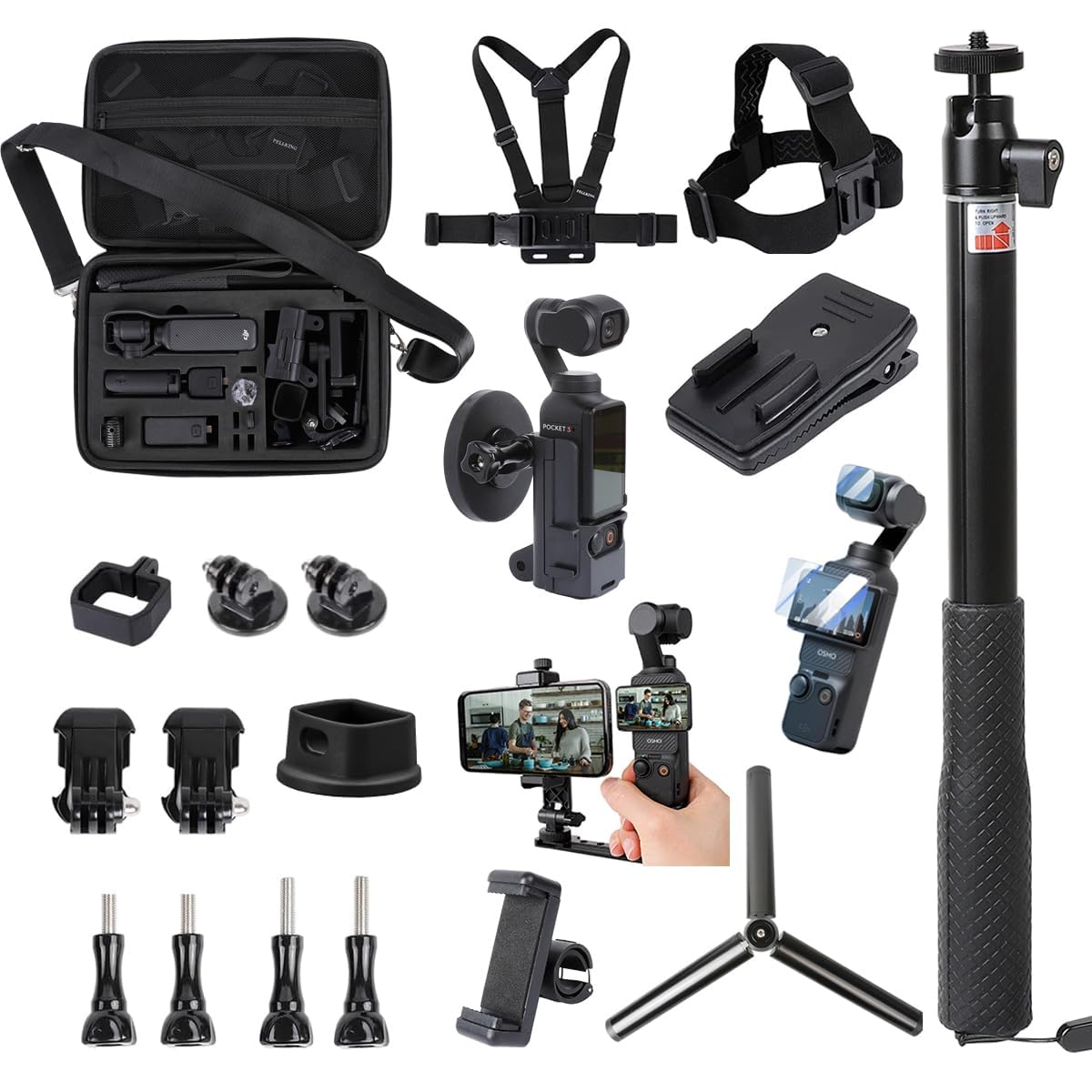 PellKing 21 in 1 Accessories Kit for OSMO Pocket 3,Including Hard Shell case,Magnetic Mount,Desktop Base Mount,Selfie Stick,Tripod,Chest Mount,Mobile Phone Holder,Screen Protector,Backpack Clip