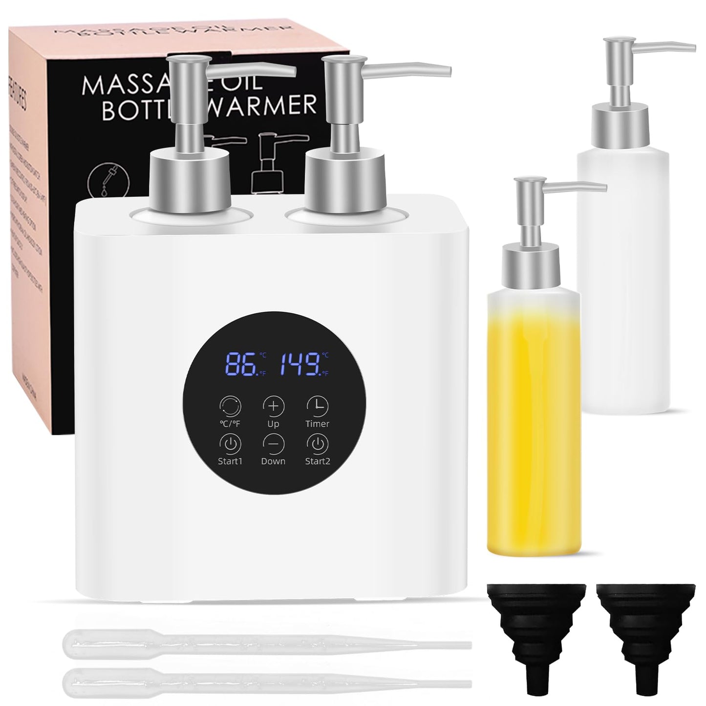 Meifuly Massage Oil Lotion Warmer Double Bottles for SPA Massage Therapy & Personal Use, Fast Oil Cream Lotion Warmer Heats Up, with 4 Oil Bottles Dispenser, Adjustable Constant Temperature
