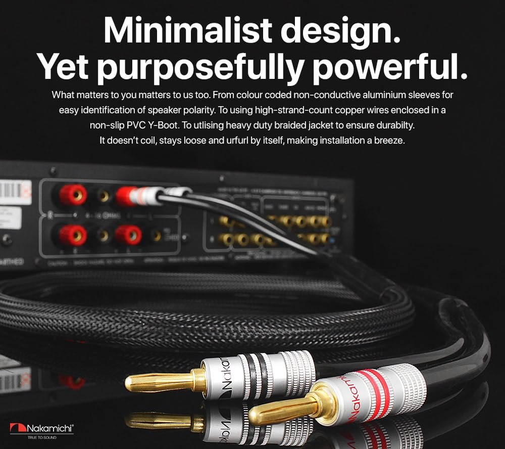 Nakamichi Excel Series 24k Gold Plated Banana Plug with (10 Feet) Speaker Cable Wire 99.9% Oxygen-Free Copper (OFC) Heavy Duty Braided in-Wall CL2 Rated - Black (12AWG / 10ft / 3.0m) 2-Pack