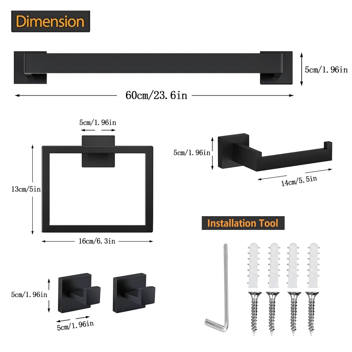 JOPOFI 5 Piece Bathroom Towel Bar Set - 23.6 Inch Bathroom Towel Holder, Thicken Stainless Steel Towel Racks for Bathroom Wall Mounted, Bathroom Hardware Accessories Set - Matte Black