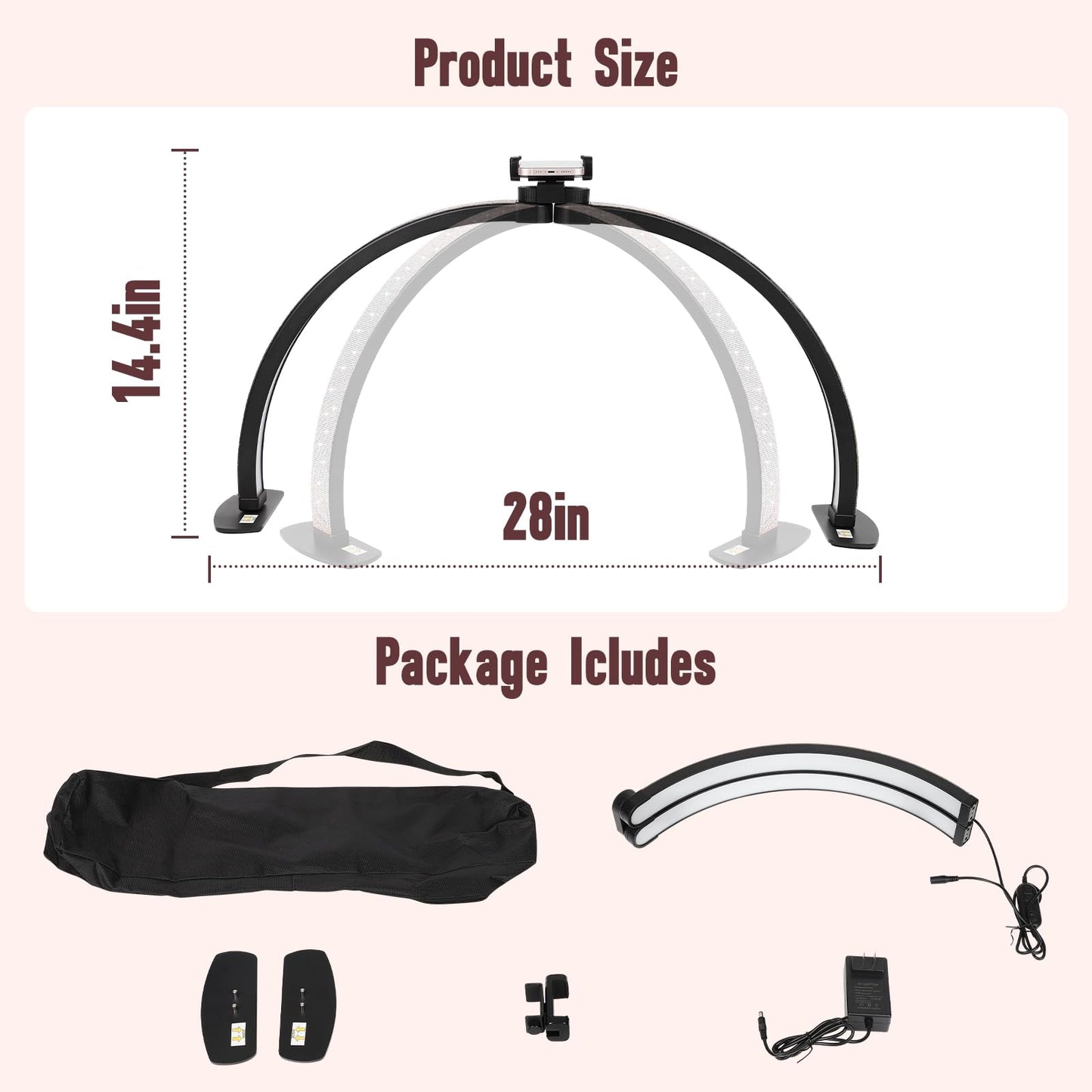 Half Moon Light for Nail Desk with Phone Holder, 28IN Folding Half-moon Lamp with Shinning Diamond, LED Light for Manicure, Eyelash Extension, Tattooing, Skin Management, Color Temperature 3000-6500K