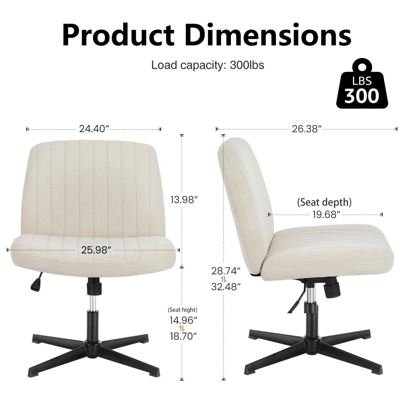 DUMOS Criss Cross Chair No Wheel Legged Office Wide Comfy Desk Vanity Chair, Armless Computer Task Seating PU Leather, Swivel Home Height Adjustable for Bedroom, Study, Beige No Wheel