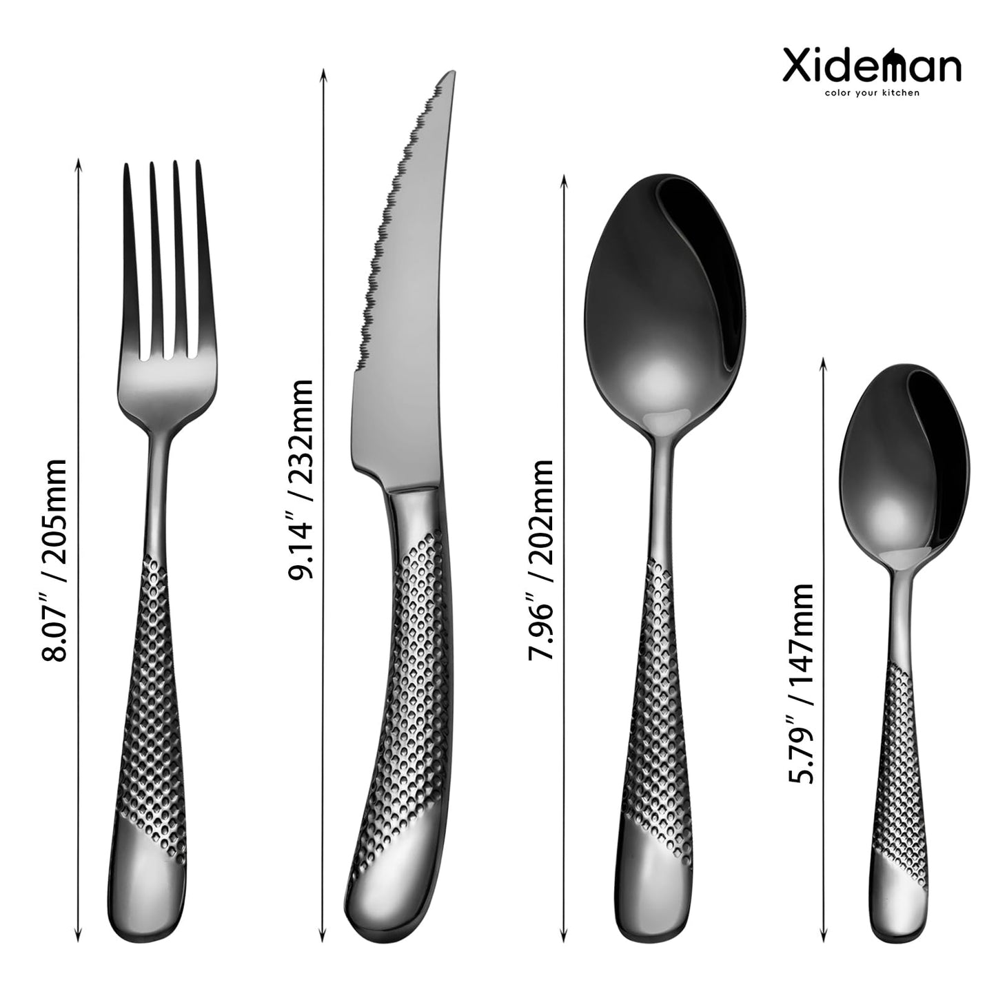 Xideman 16-Piece Modern Black Hammered Silverware Set with Ultra Sharp 2-IN-1 Serrated Knives, 18/10 Stainless Steel Flatware Set, Titanium Plated Cutlery Set Service for 4, Dishwasher Safe