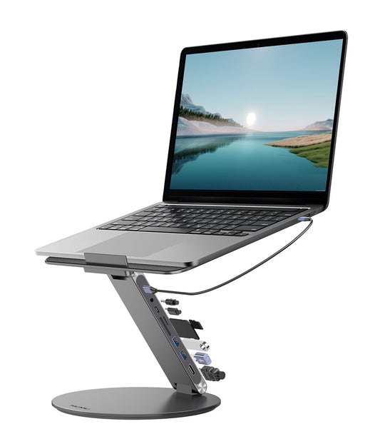 KU XIU Adjustable Laptop Stand with 8 in 1 USB C Hub, Foldable Portable Computer Notebook Stand with 360° Rotating Base, Riser Holder Mount for All 10-17" Laptops (Gray)