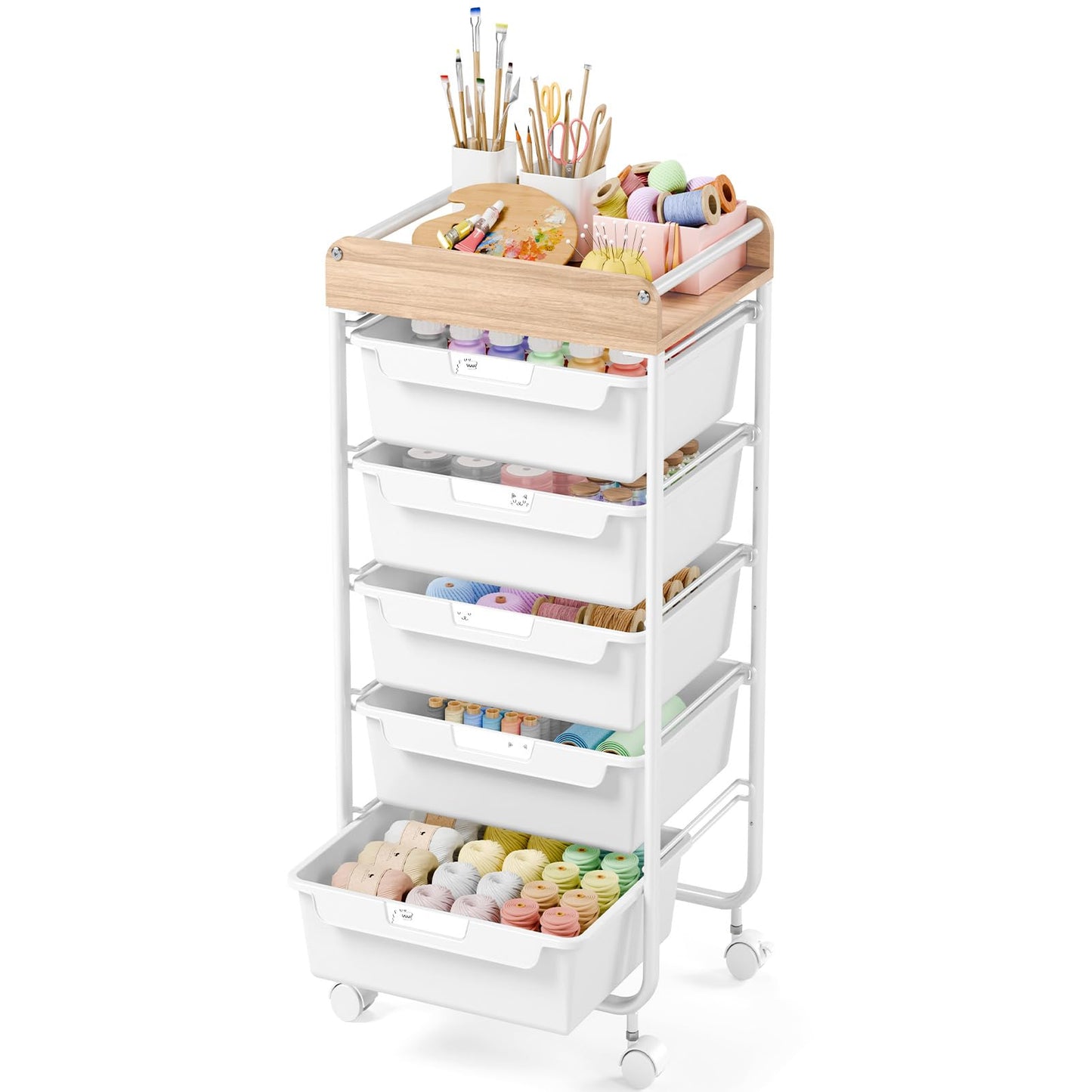 SYKIARIOL Rolling Cart with 5 Drawers,Art Craft Cart,Storage Utility Cart with Wheels,Makeup Organizer with Wooden Tabletop,White
