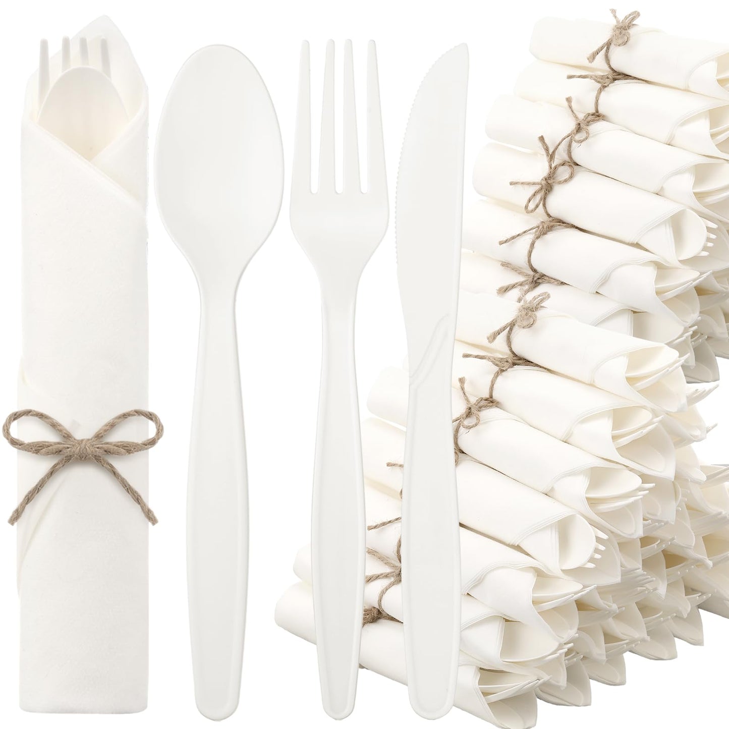Honeydak Pre Rolled Napkin Cutlery Set 100% Compostable Utensils (200pcs, 50set) 7" Large Disposable Utensils Wrapped Forks Knives Spoons Napkins Cornstarch Silverware Cutlery for Party (White)