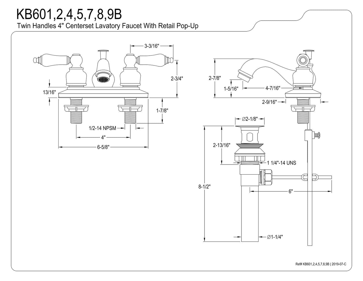 Kingston Brass KB601B 4-Inch Centerset Lavatory Faucet, 2.88" x 4.05" x 6.88", Polished Chrome
