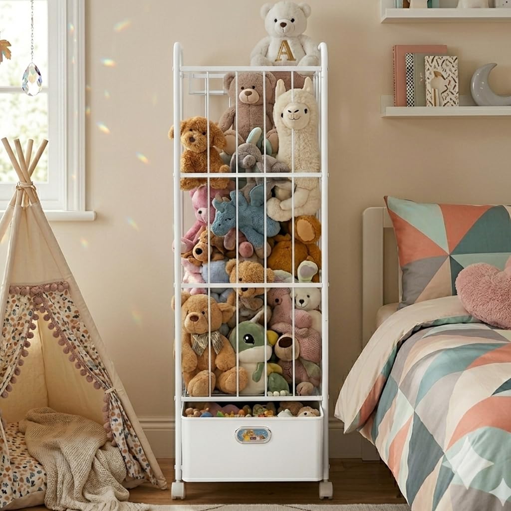 Puppiluv Stuffed Animal Storage, Metal Stuff Animals Zoo Holder with Fabric Drawer and Wheels Tall Vertical Plushies Toy Organizer Plush Storage Cage with Elastic Band for Nursery Playroom Corner