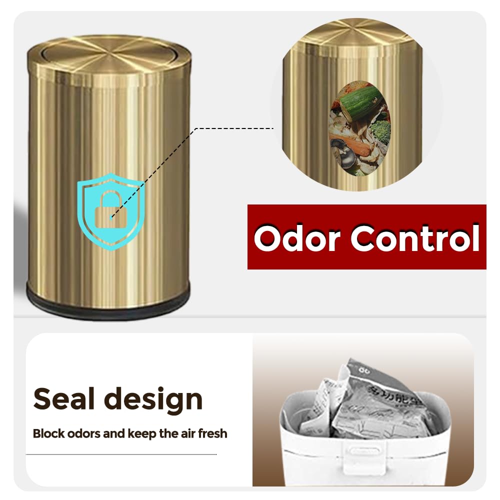 LEASYLIFE Small Trash can with Flipping lid, Stainless Steel, 2.4gallon,Garbage cans for Bathroom, Kitchen, Living Room. Metallic Gold (Singer)