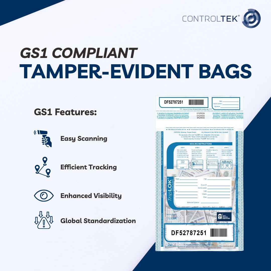 ControlTek TripLok Tamper-Evident Deposit Bags, Clear, 12" x 16", 100 Bags