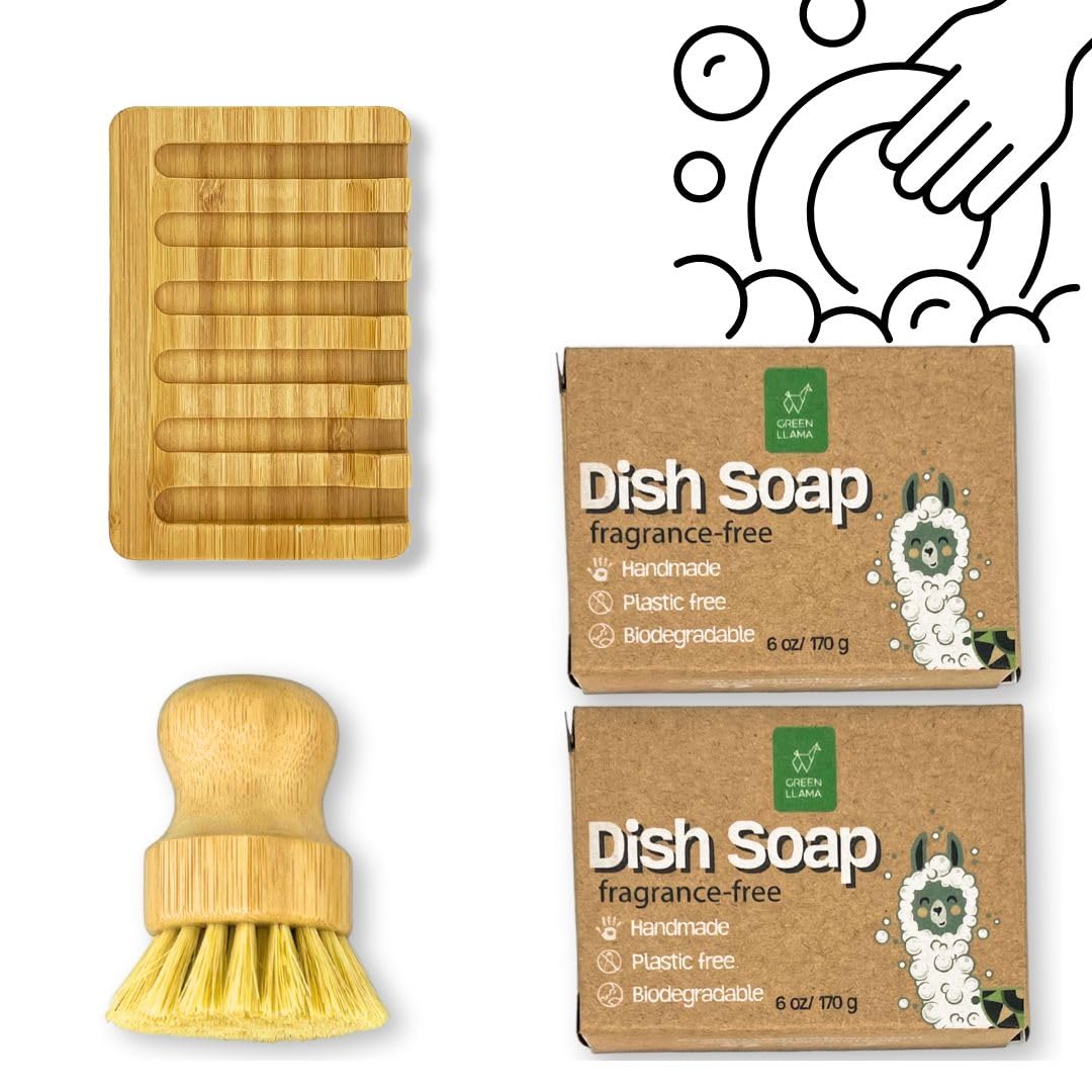 Green Llama Dish Washing Bar Soap Set with 2 Solid Coconut Oil Bars, Sisal Scrub Brush & Bamboo Holder, Fragrance-Free Kitchen Cleaning Set
