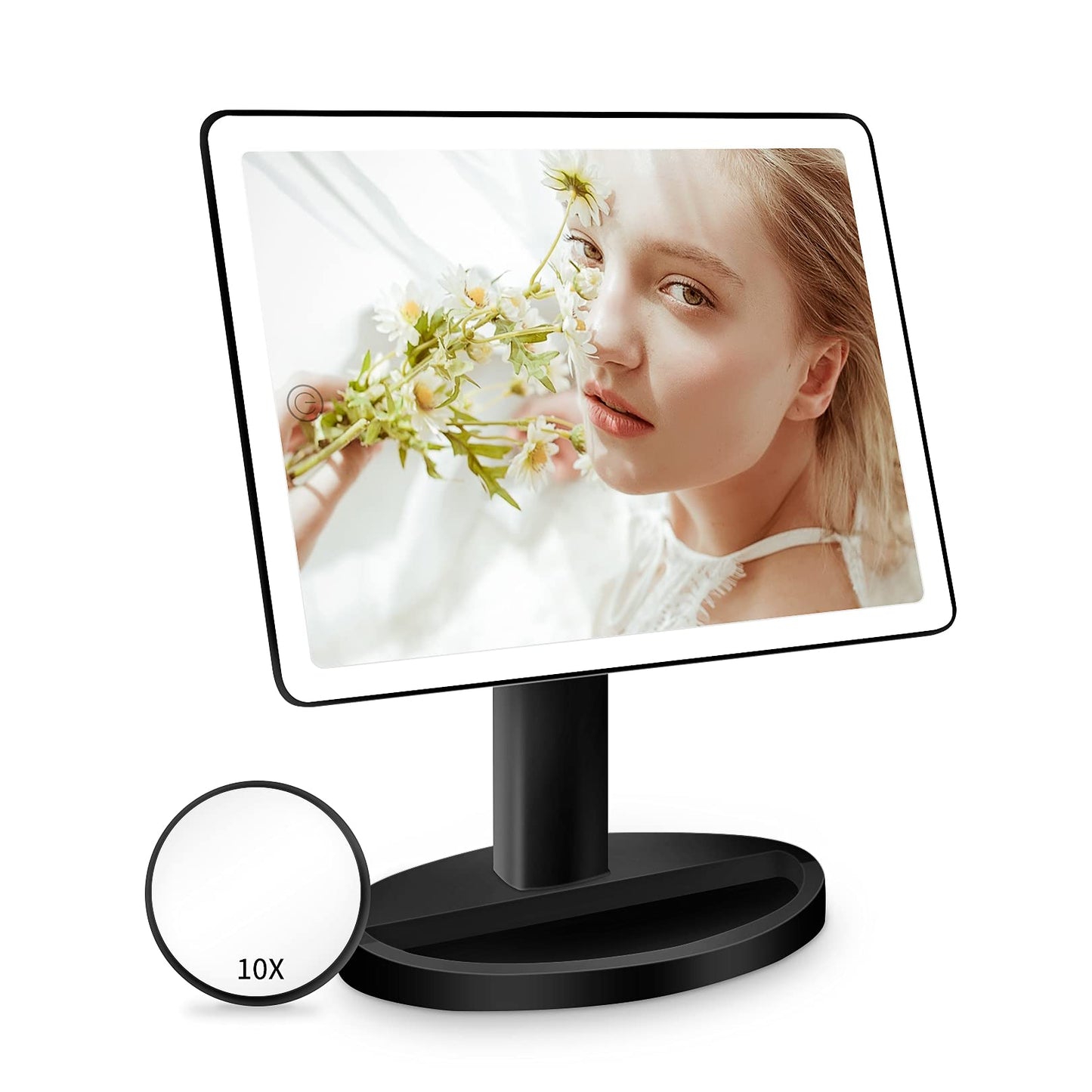 FUNTOUCH Large Lighted Vanity Makeup Mirror with Lights, 3 Color Lighting Modes Light Up Mirror with 88 LED, 360° Rotation Touch Screen and 10X Magnification Tabletop Cosmetic Make Up Mirror (Black)