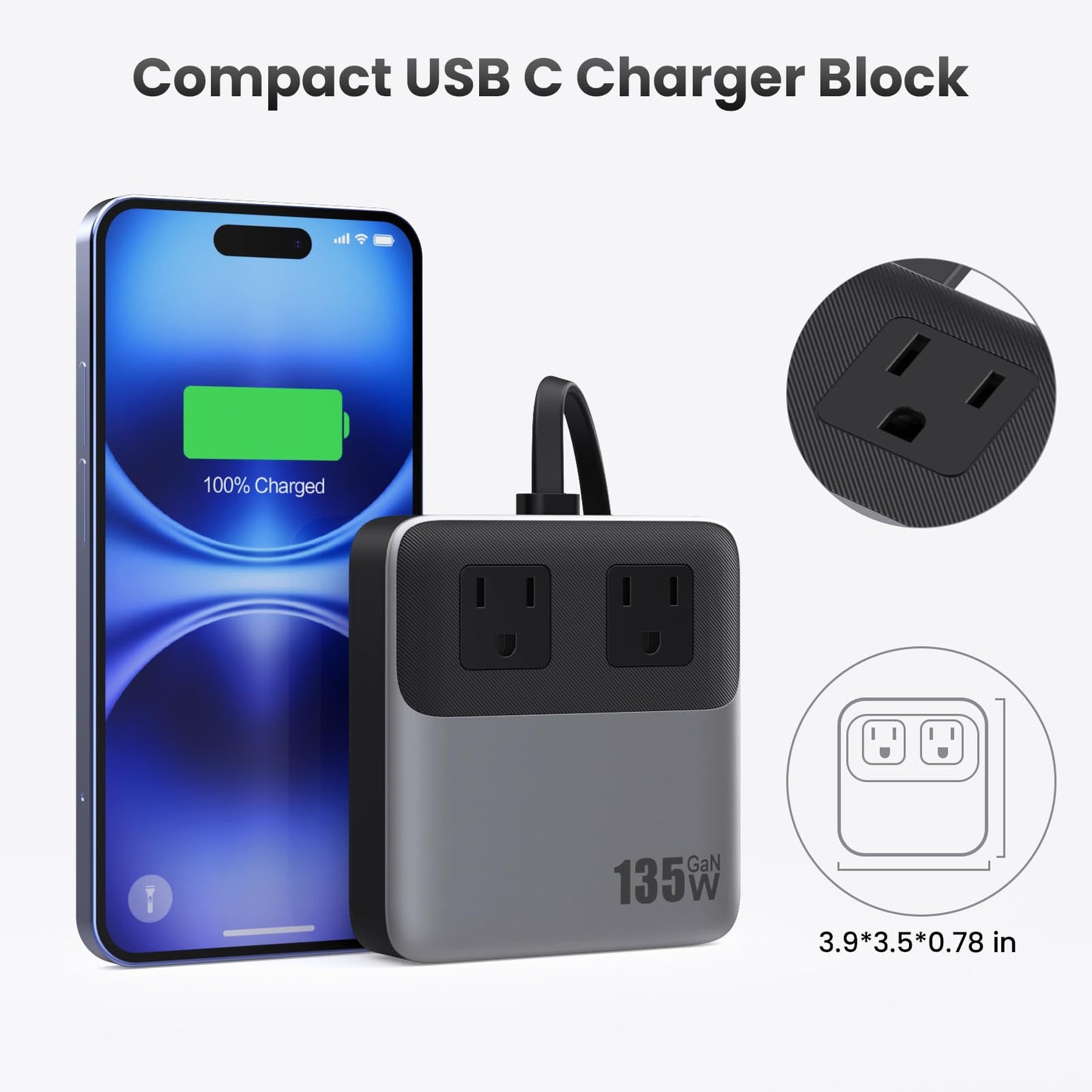 USB C Charger Block,135W GaN IV Fast Charging Station Hub,6-in-1 USB C Power Strip with Flat Plug and 5ft Cord,2 AC,2 USB A,2 USB C,PD 65W Laptop Charger for MacBook Air/Pro,iPhone16/15,Galaxy S24 etc