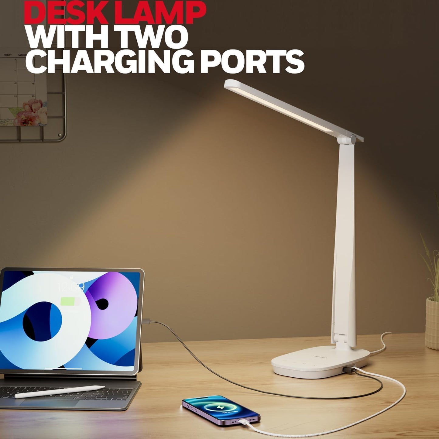 Honeywell HWT-H2 LED Desk Lamp for Home Office, CRI94 Full Spectrum Eye-Caring Light, Dimmable Table Lamp with USB-A & USB-C Charging Ports, Foldable Touch Control Reading Lamp, White