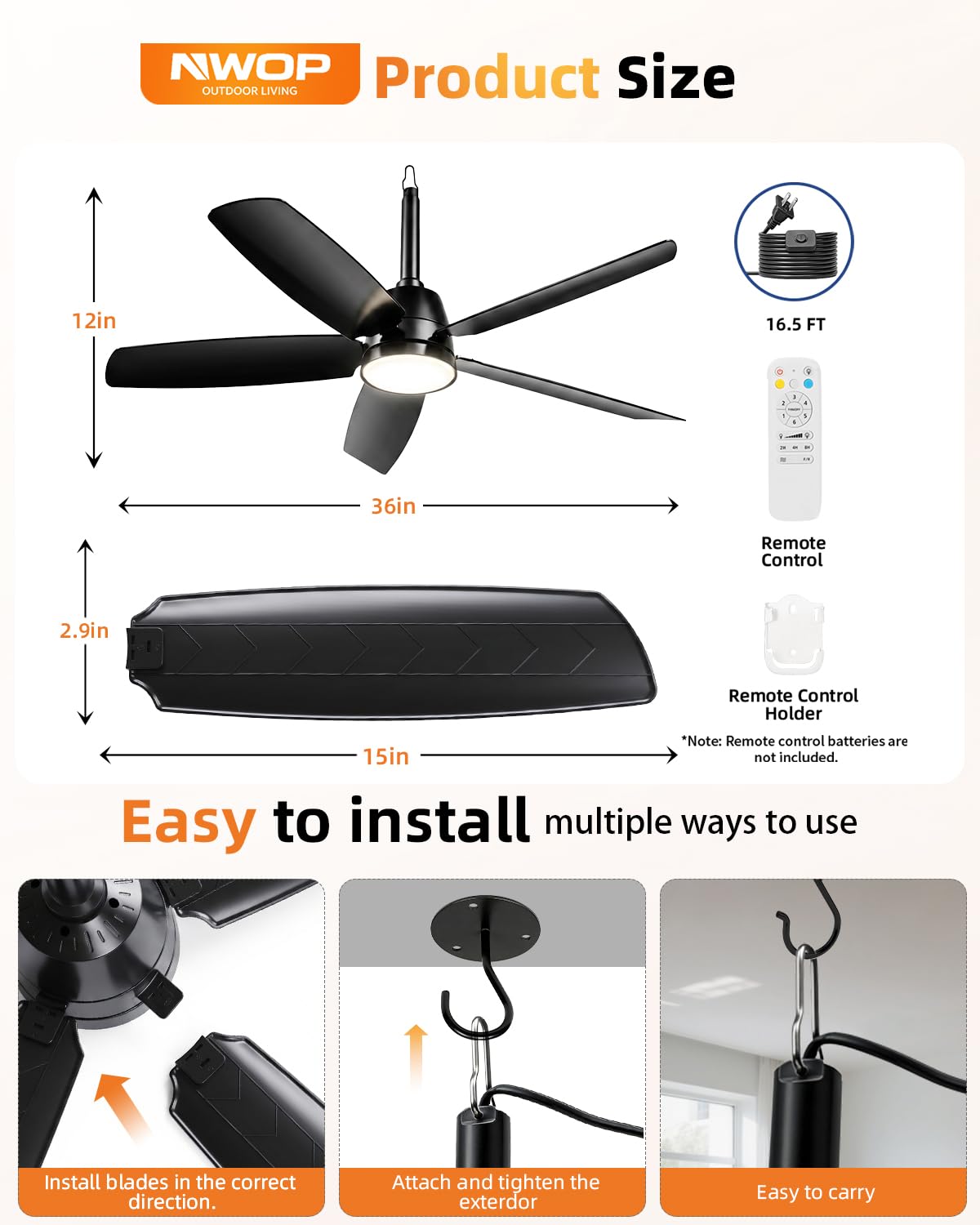 NWOP 36 Inch Plug-In Outdoor Ceiling Fan with Light and Remote, Waterproof Patio Ceiling Fan, 5 Blades Small Ceiling Fan for Porch Gazebo Pergola, Quiet Modern Ceiling Fan, Black