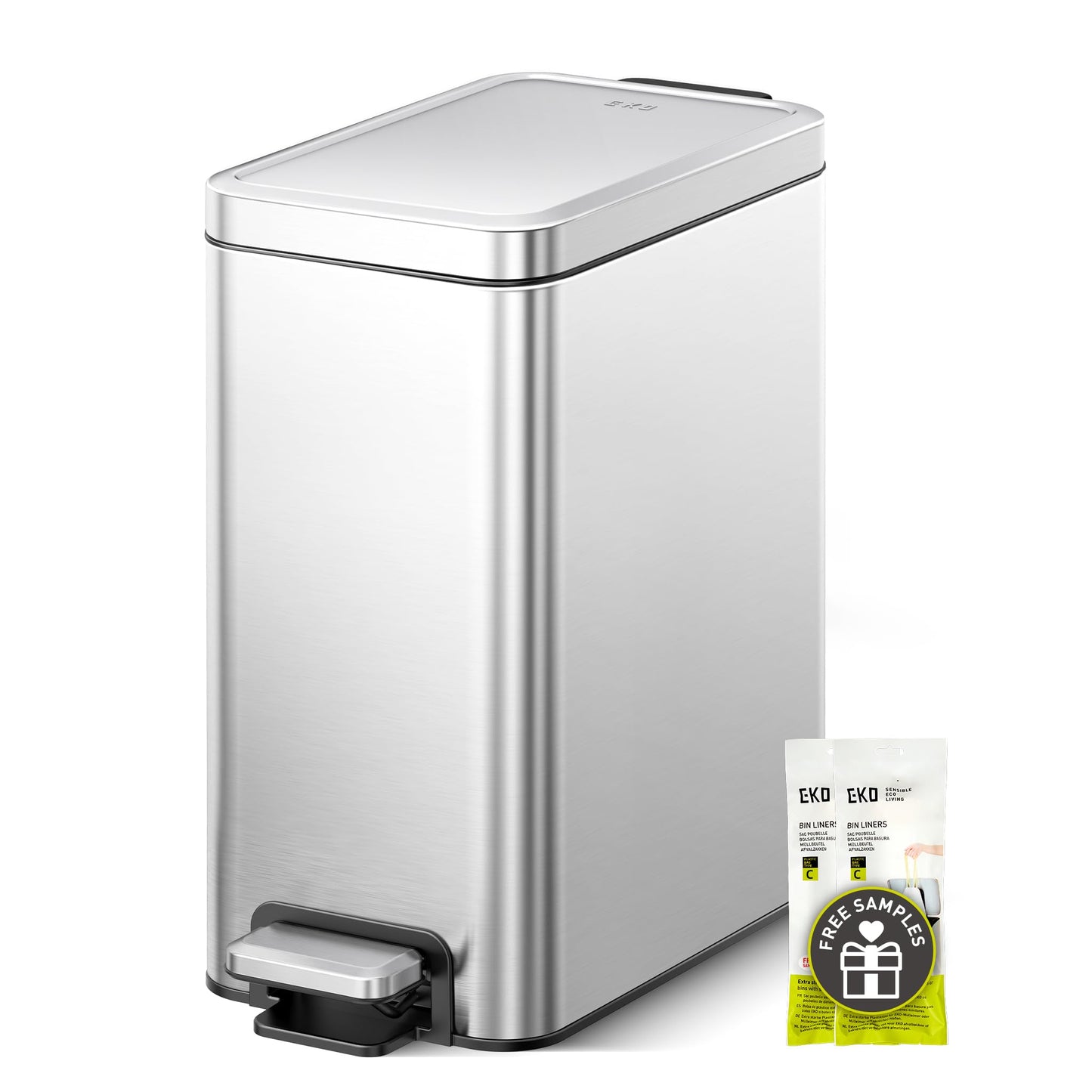 EKO Small Bathroom Trash Can with Lid Soft Close, Step Pedal, 10 Liter / 2.6 Gallon Stainless Steel Garbage Can with Removable Inner Bucket, Anti-Fingerprint Finish (Silver)
