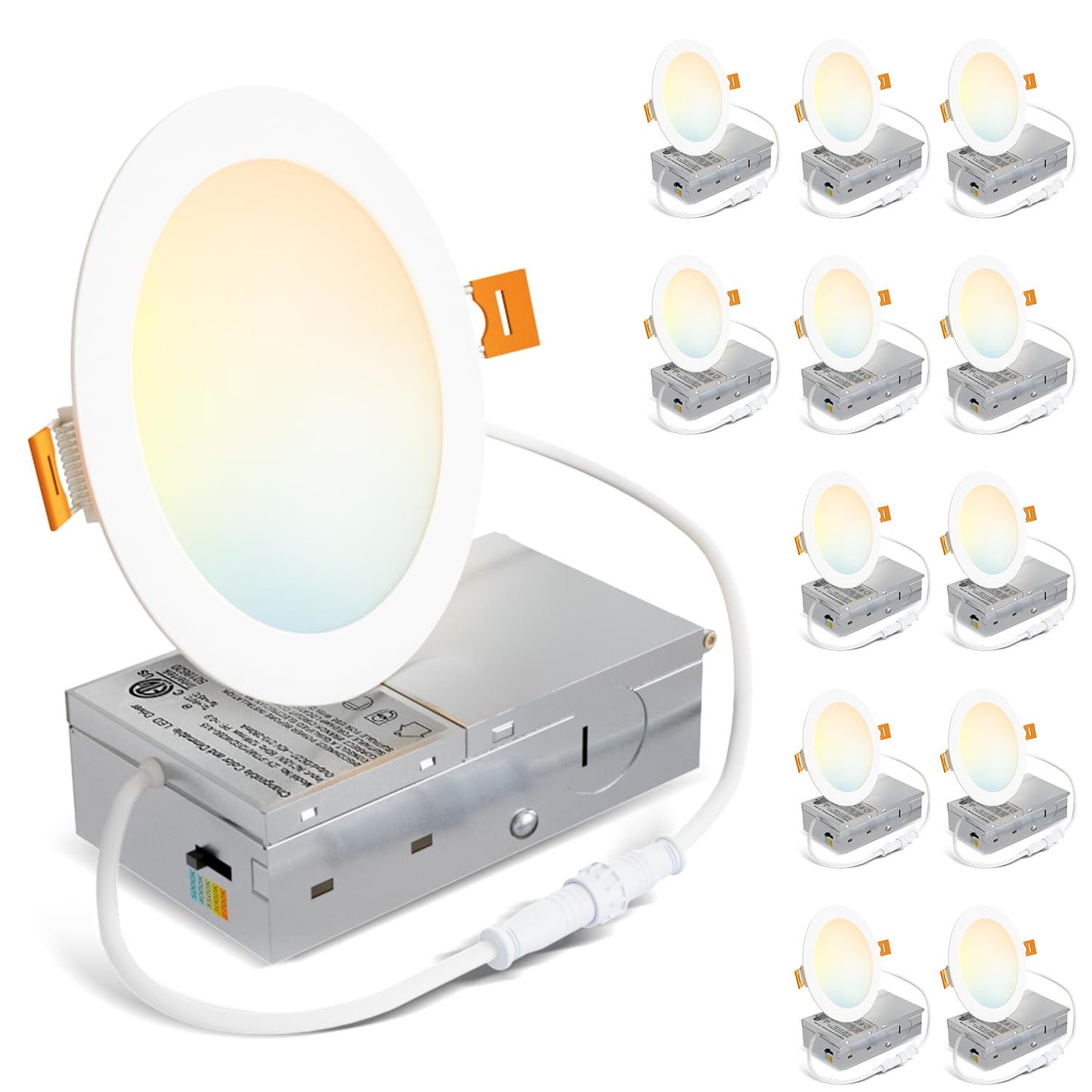 LVWIT 12 Pack LED Recessed Lighting 4 Inch with Junction Box, 5CCT Dimmable LED Downlight, 9W Ultra-Thin Modern Led Ceiling Light, 2700/3000/3500/4000/5000K Selectable Can Lights, Smooth Trim