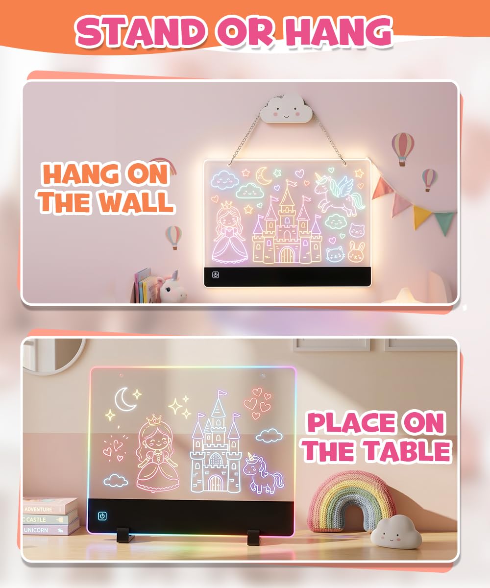 Rechargeable LED Drawing Board for Girls, 10" Glow Doodle Pad, 45H Long Last, 4 Modes Neon Light Up Coloring Tablet with 7 Pens, Princess Art Craft Set, Birthday Gift, Toys for Girl 4 5 6 7 8 Year Old