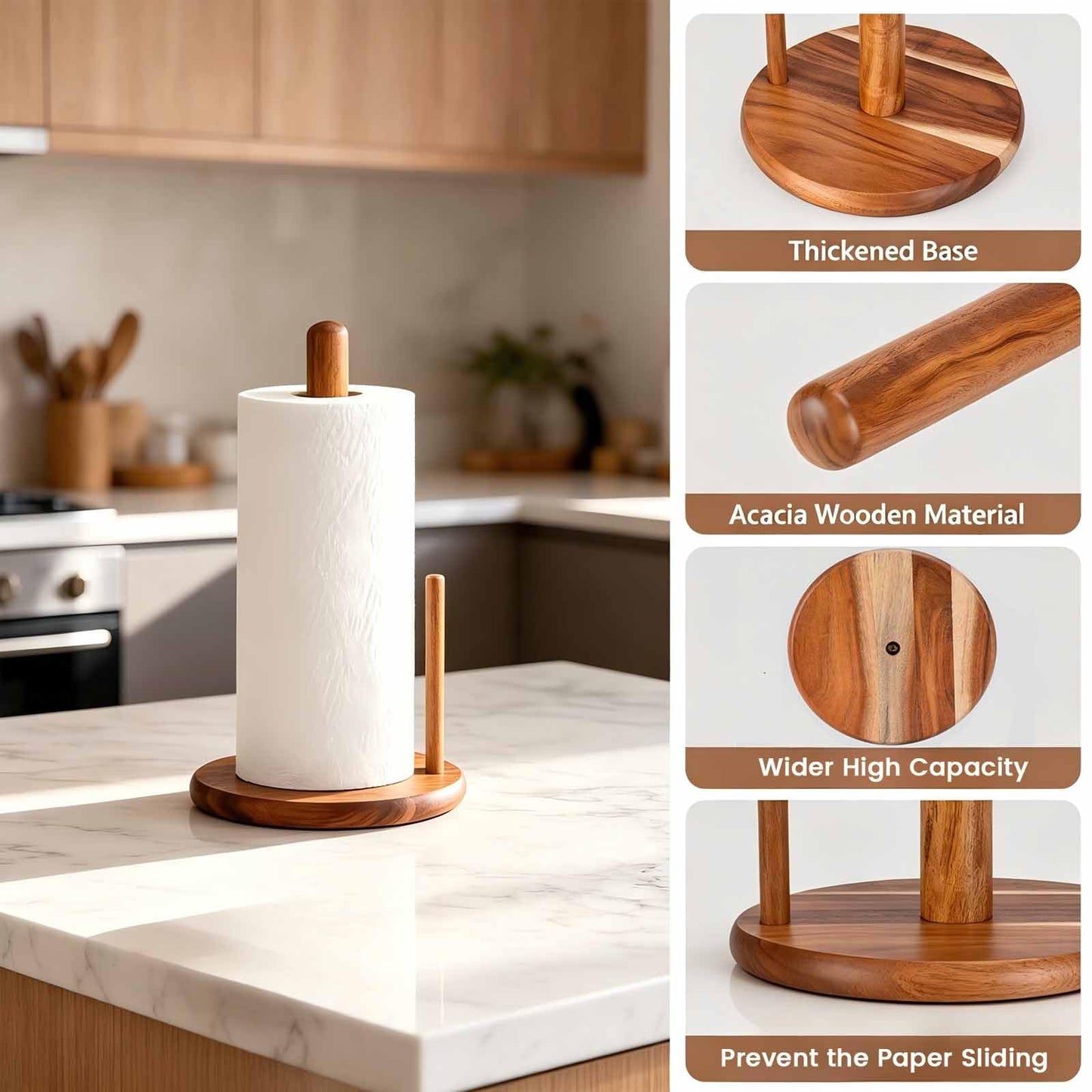 E-ROOM TREND Acacia Wood Paper Towel Holder Countertop, Wooden Paper Towel Holder Thicken Base for Kitchen, Easy to Assemble, Sturdy, Durable, Natural Wood Color