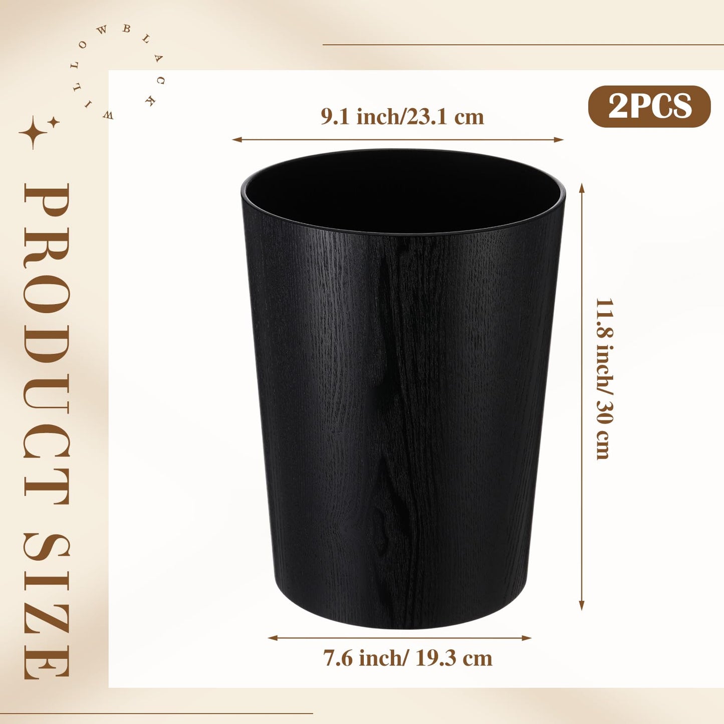 Threehoney 2 Pack 2.3 Gallons Wood Trash Can Wastebasket Natural Wood Round Wastebasket Small Trash Bin for Home, Office Under Desk, Kitchen, Bedroom, Hotel, Room(Black,Flat)