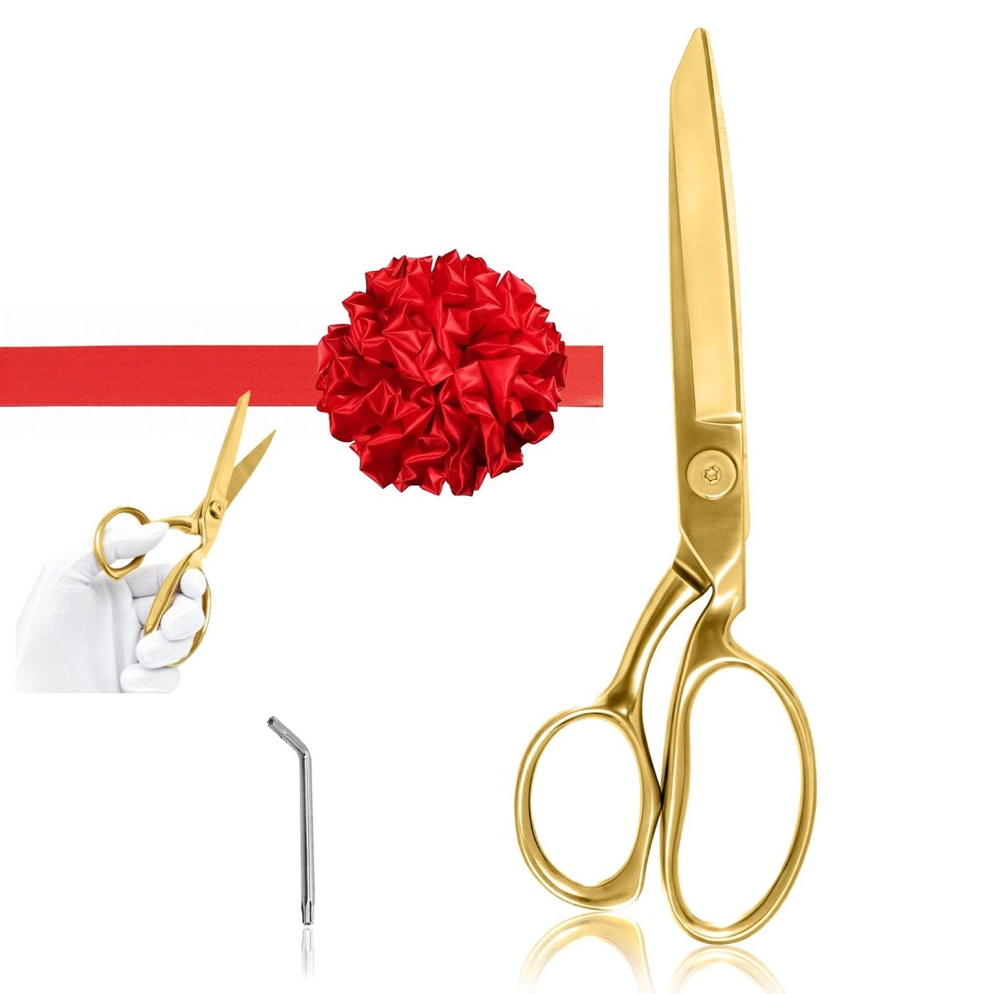 Grand Opening Ribbon-Cutting Ceremony Kit – Includes Gold Scissors, Flower Ball, Red Ribbon & White Gloves,Suitable for all ribbon-cutting and inauguration ceremonies (Mirror Polished Handle)