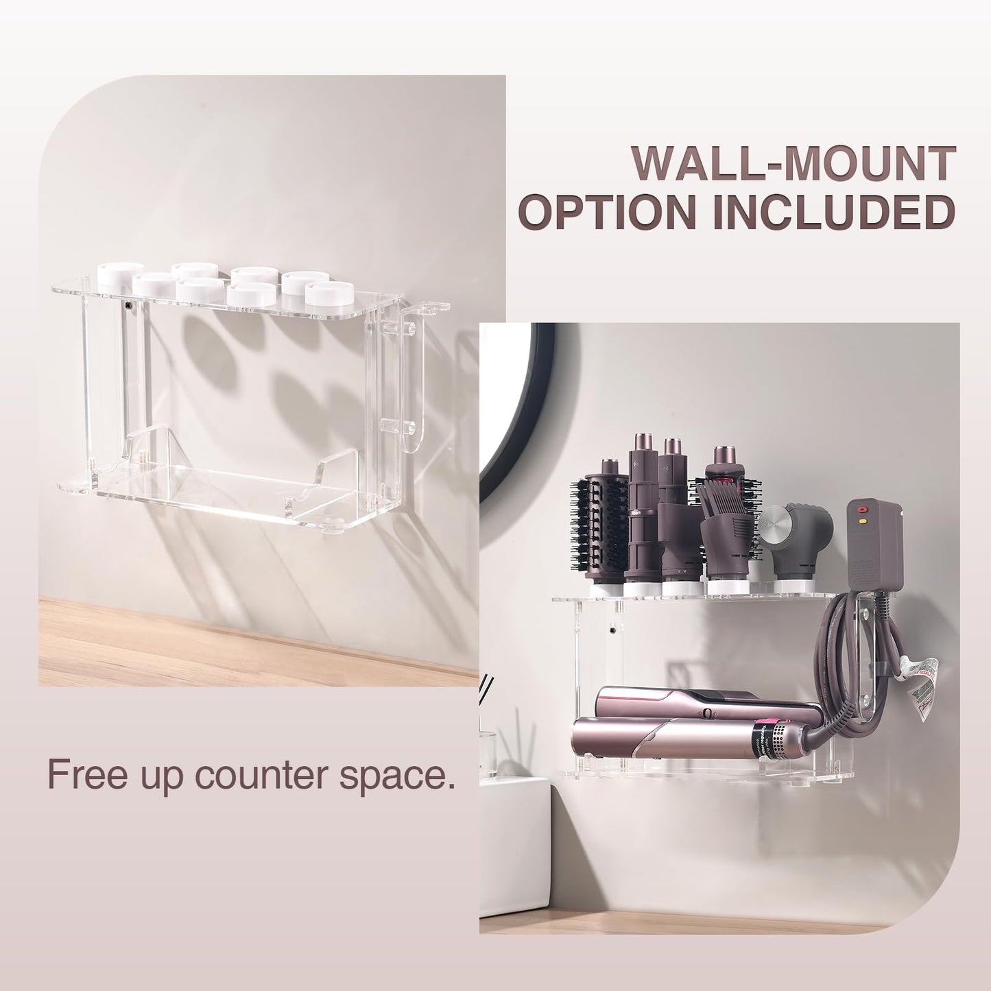 HAVICATO Hair Tool Holder for Dyson Airwrap Attachments, Storage Holder Compatible with Shark FlexStyle FlexFusion, Acrylic Display Rack Countertop Organizer Wall Mount for Hair Stylers, Clear&White