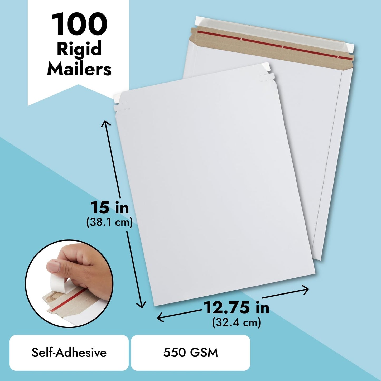 100 Pack Thick Stay Flat Rigid Mailers 12.75x15 with Self Adhesive Seal, 550 GSM Bulk White Cardboard Envelopes for Shipping - Mailing Envelopes - Cardboard Mailers