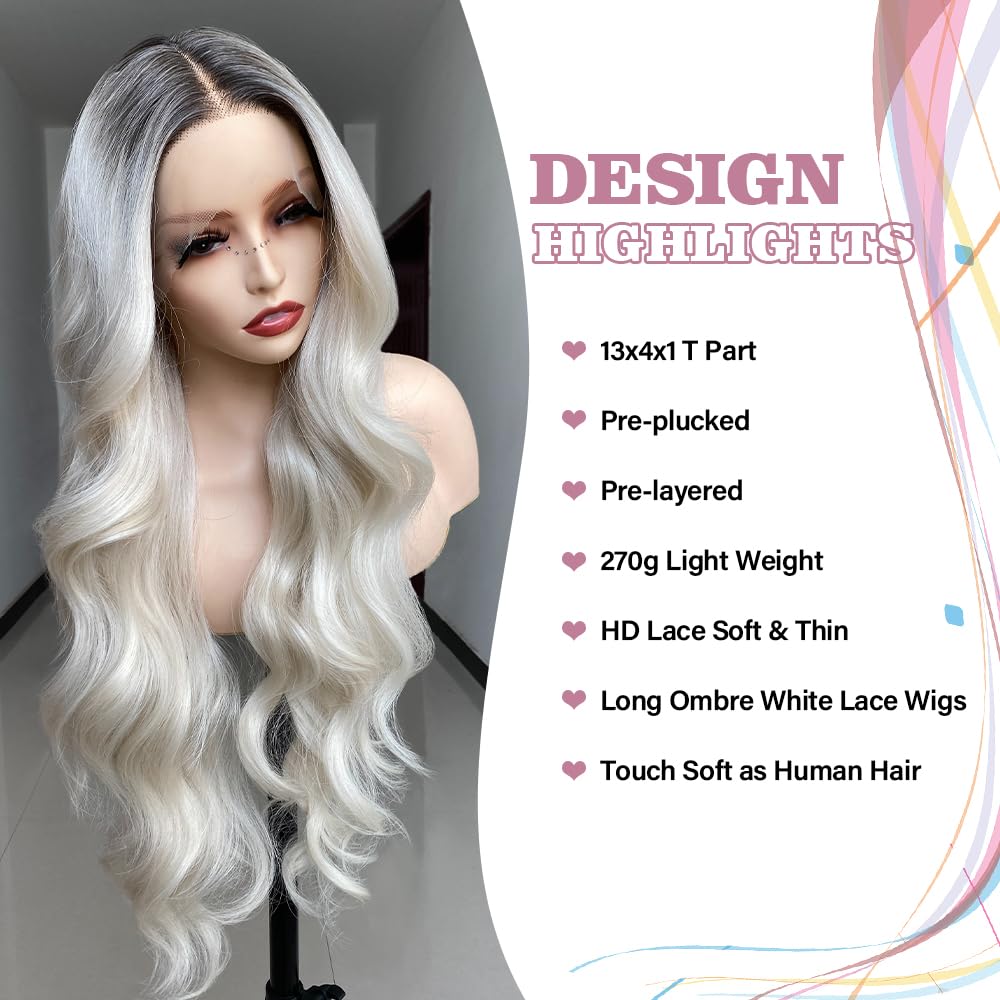 SISgrace Ombre White Grey Lace Front Wig Synthetic Body Wave Wig Wear and Go 13x4x1 T-part Lace 28 Inch Dark Roots to White Grey Color Pre-Plucked HD Glueless Lace Front Wig for Women