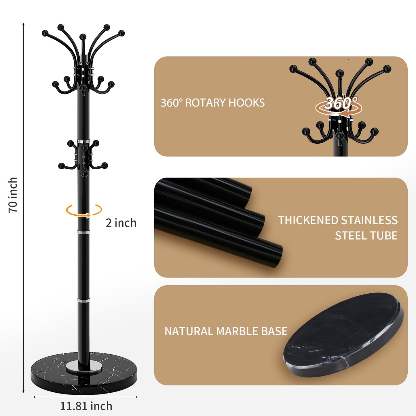 LOZABEE Metal Heavy Duty Coat Rack Stand, Modern Freestanding Coat Rack with Natural Marble Base, 360° Roraty Coat Racks with 16 Hooks, Black Coat Hall Tree Hanger Stand for Entryway, Office