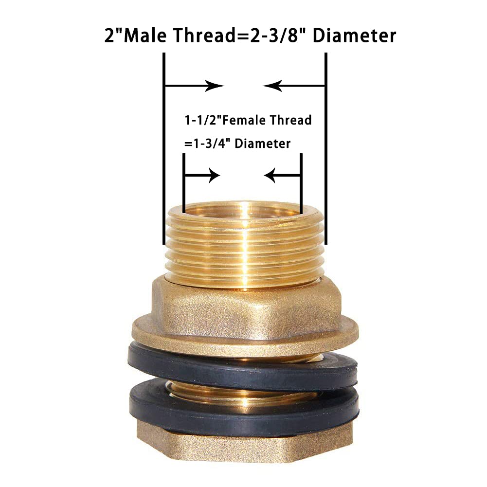 Joywayus 1-1/2" Female 2" Male Soild Brass Water Tank Connector Bulkhead Tank Fitting With 2 Rubber Ring Stablizing