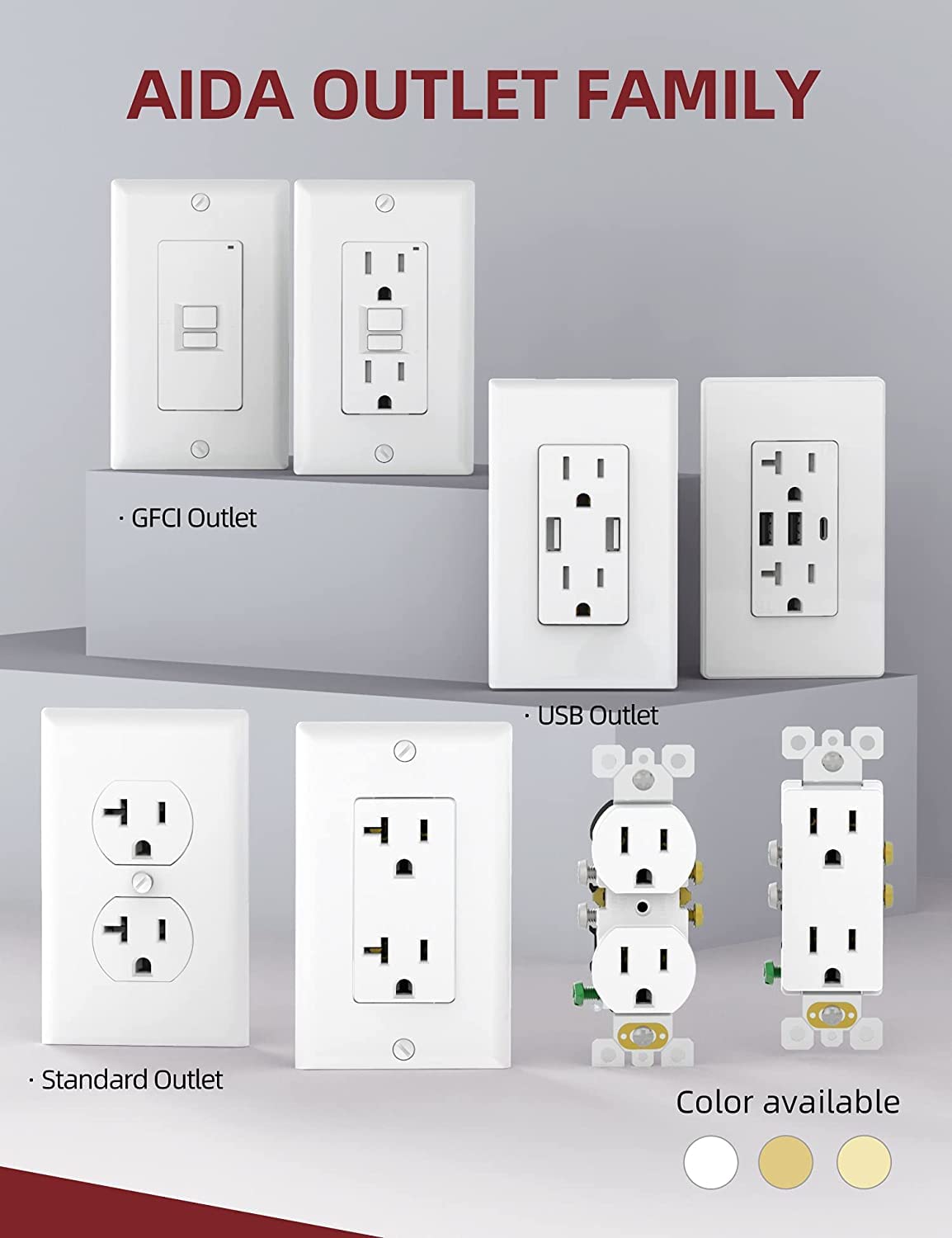 AIDA 20 amp Outlet Duplex Electrical Receptacle Outlets,Tamper Resistant,Heavy-Duty Receptacle Wall Outlet,Residential,TR,3-Wire, Self-Grounding Clip, NEMA 5-20R,UL Listed 50 Pack, White
