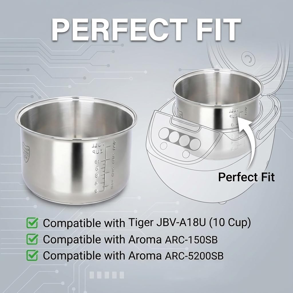 Rice Cooker Replacement Pot, Compatible with Aroma ARC-150SB & ARC-5200SB, Stainless Steel Non-Stick Inner Pot, Durable Design, Even Heating for Perfect Rice