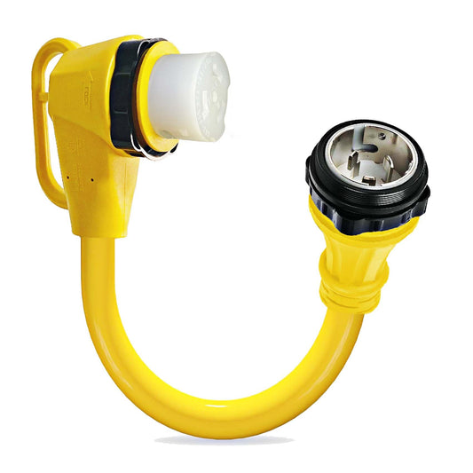 90 Degree 50 Amp RV Twist Lock Plug, NEMA SS2-50P to SS2-50R RV Adapter, 1.5ft Heavy Duty Extension Cord Adapter with 50Amp Power Locking Male and 50 Amp 90 Degree Locking Female Ends, Yellow