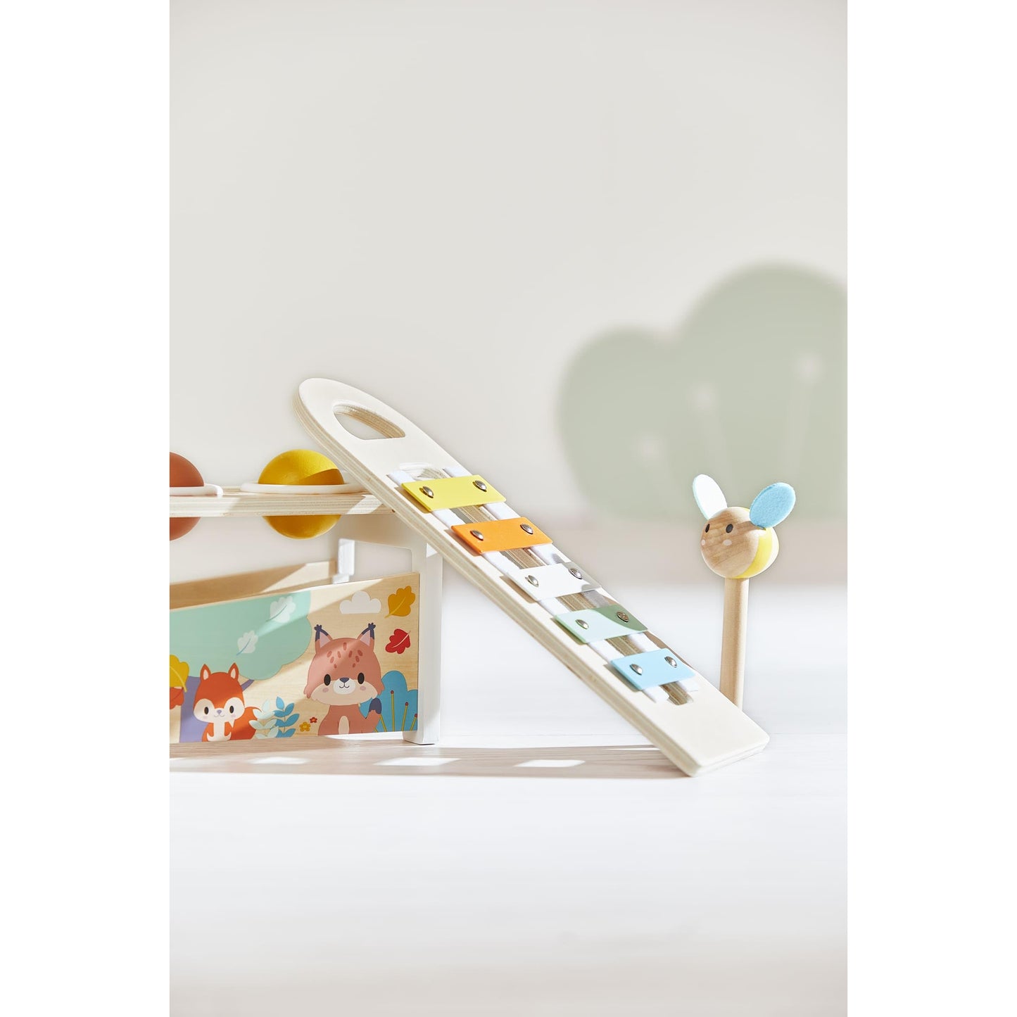 Janod Pure Tap Pastel Wooden Xylophone Pounding Bench with Cherry Wood Balls & Bee Shaped Hammer for Ages 12+ Months (J05155)