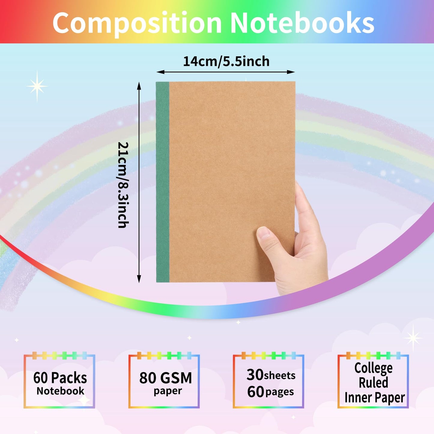 EOOUT 60 Pack A5 Kraft Notebooks, Composition Notebooks Lined Journal Bulk, 15 Colors with Rainbow Spines, 60 Pages for Kids Women Girls, School Office Supplies