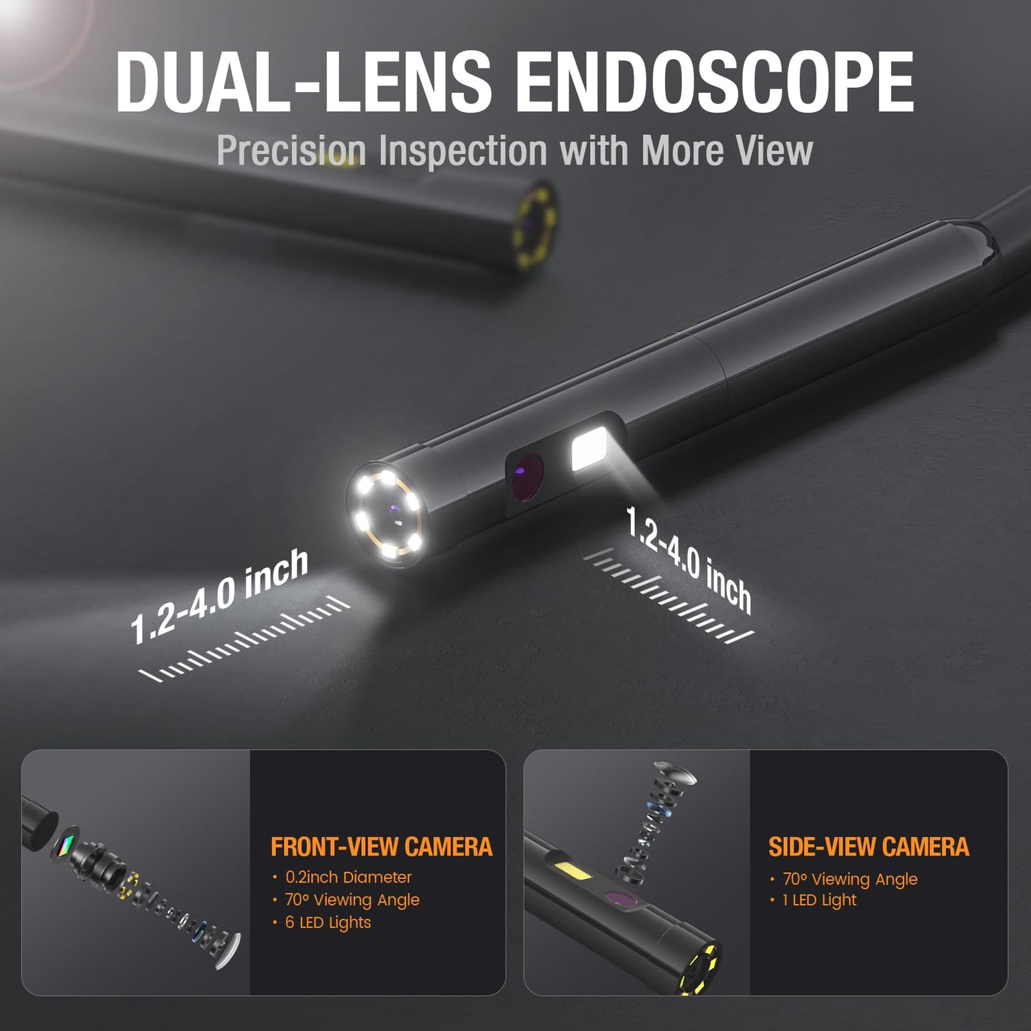 Dual Lens Endoscope Camera with Light, Teslong 4.5" HD Snake Borescope Inspection Camera, 0.2inch Automotive Scope Camera with Flexible Cable, Industrial Fiber Optic for Engine Mechanic(5FT)