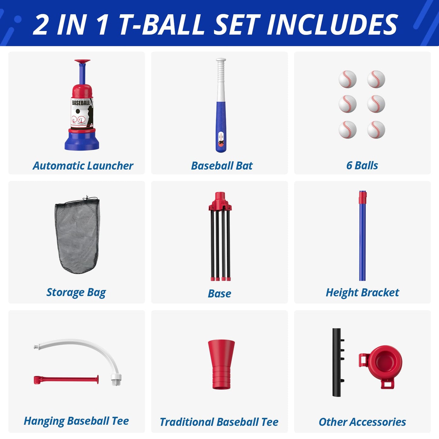 HYES 3 in 1 T Ball Set for Kids 3-5, Kids Baseball with Hanging Tee/Standing Tee/Automatic Launcher/6 Softballs, Adjustable Height Toddler Baseball Sets Indoor Outdoor Sport Gifts Toys for Boys, Blue