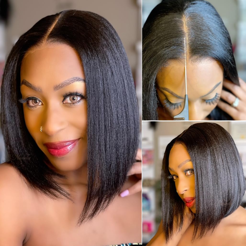 Nadula Glueless Yaki Straight Bob Bye Bye Knots 7x5 Lace Front Wigs Human Hair Pre Plucked Invisible Knots Pre Everything 3S Ready to Wear Short Yaki Bob Wigs Pre Cut 150% Density 10inch