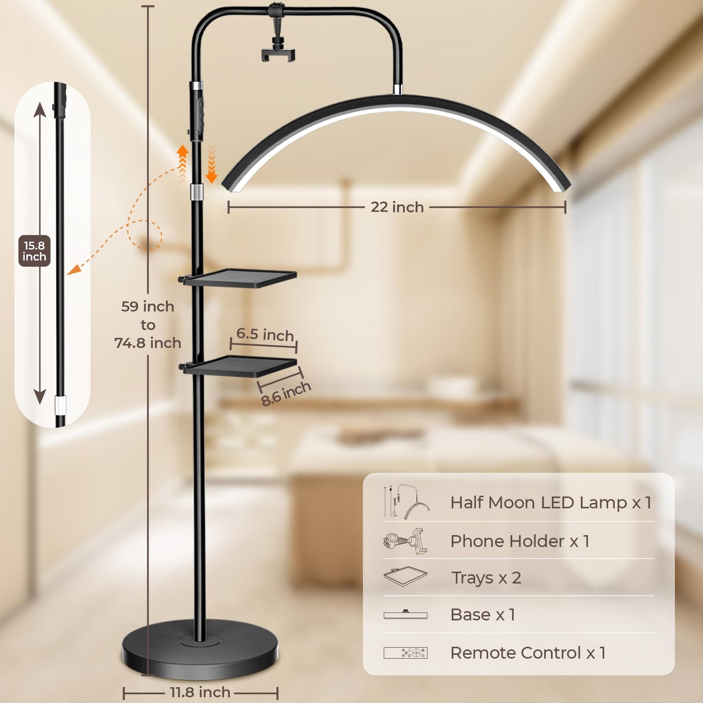 young master Half Moon Lash Light, 24W 1500LM Dimmable LED Floor Lamp with Adjustable Height for Lash Techs, Tattoo & Nail Artists, 4 Color Modes, Phone Holder & 2 Trays