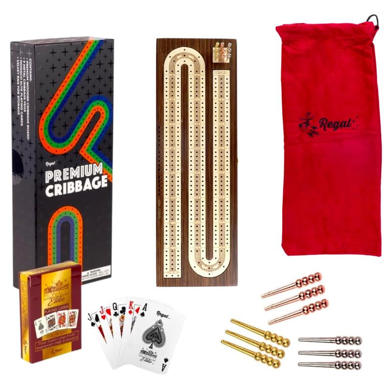 Regal Games Cribbage Board Game Set with Card Storage, Wooden Board & 9 Metal Pegs - Unique Luxury Classic Board Games - Ideal for 2-4 Person